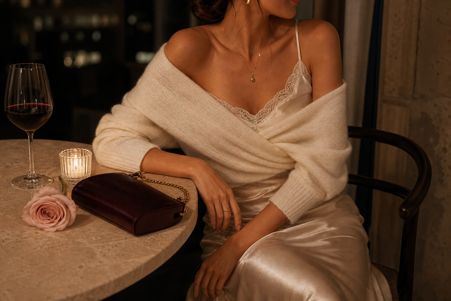 Avrienne Date Night collection cover with satin, lace, espresso accents, and warm evening light.