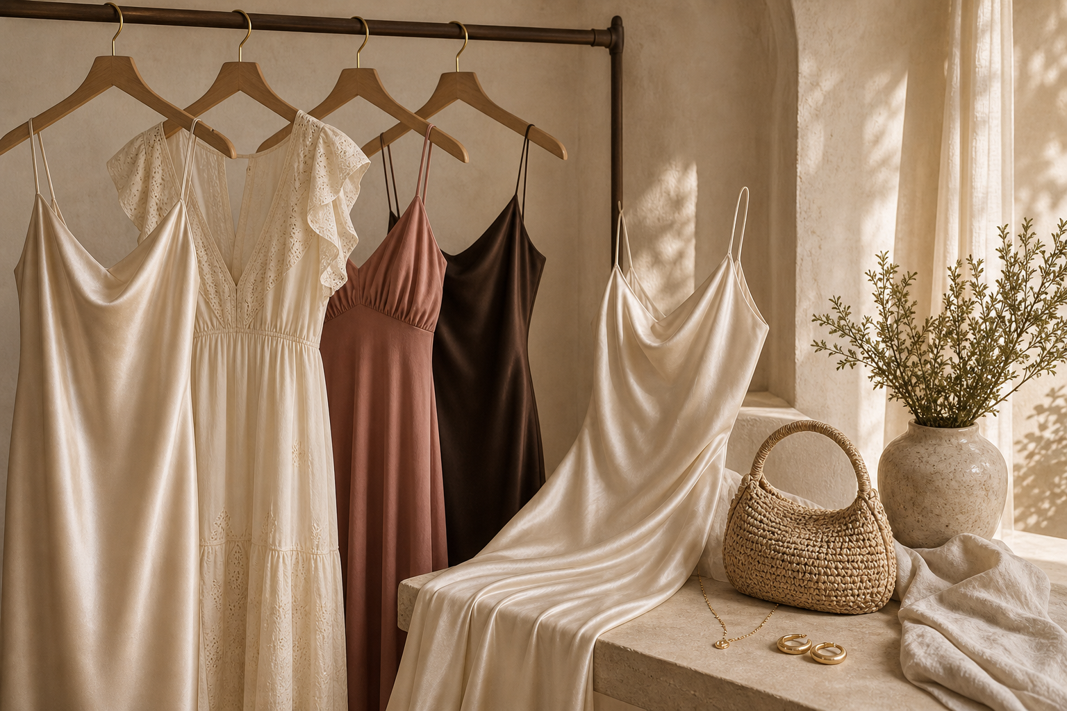 Avrienne Dresses collection cover with satin and feminine dresses in warm ivory dressing-room light.