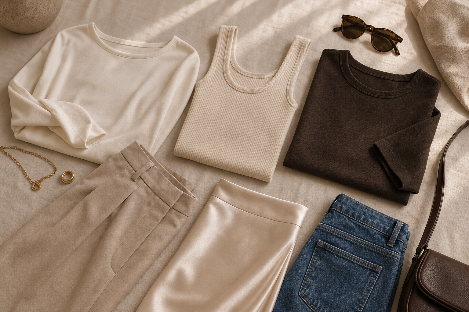 Avrienne Elevated Basics collection cover with ribbed tops, tailored trousers, denim, and soft ivory styling.