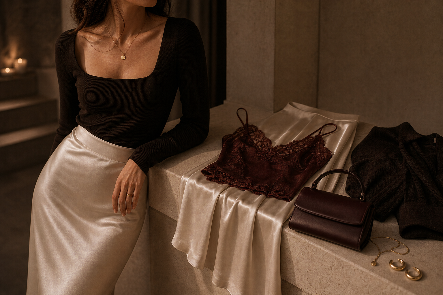Avrienne Evening Edit collection cover with satin, lace, espresso knitwear, and quiet evening glamour.