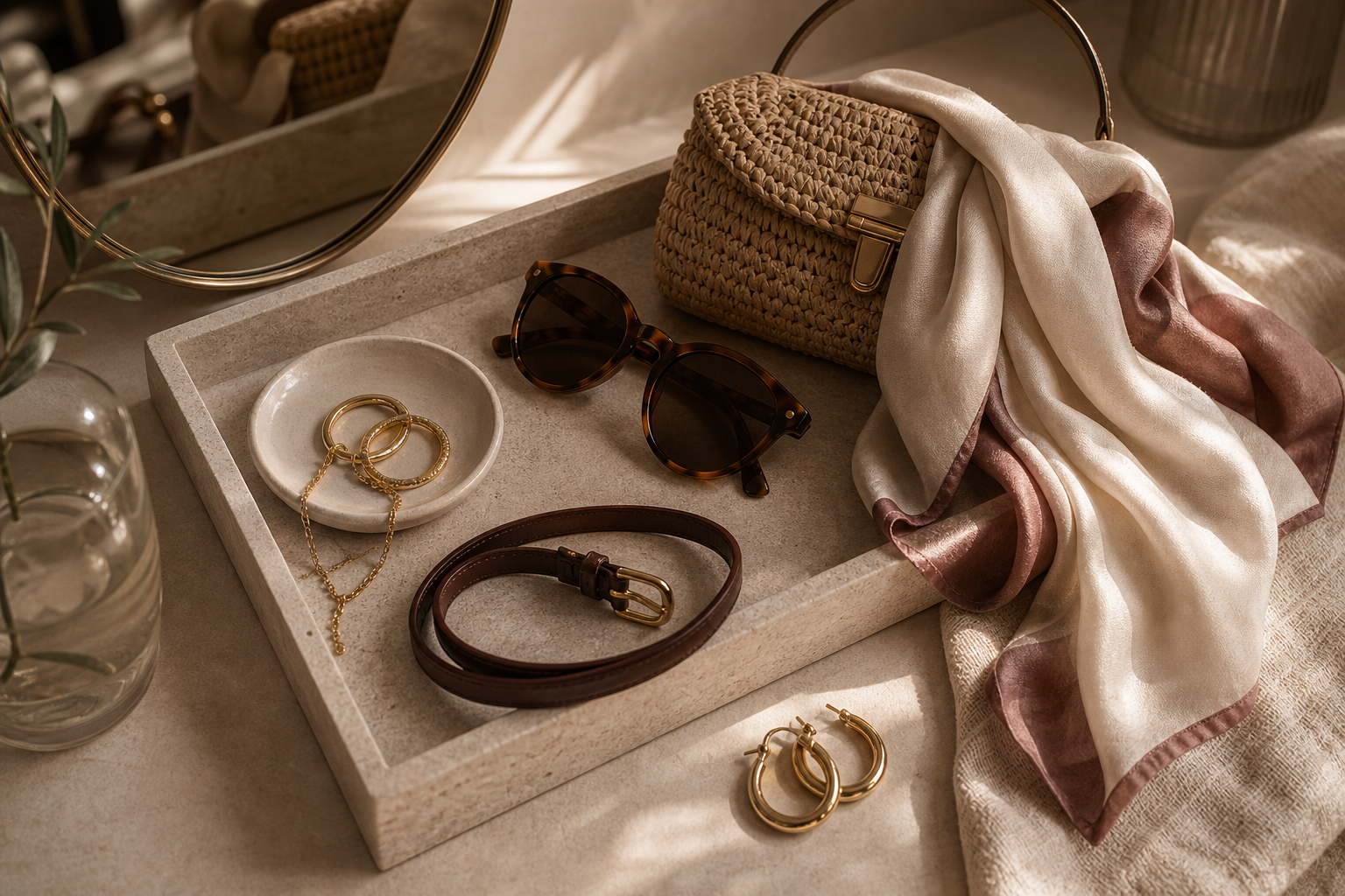 Avrienne Finishing Touches collection cover with scarf, sunglasses, hoops, belt, and woven accessory styling.