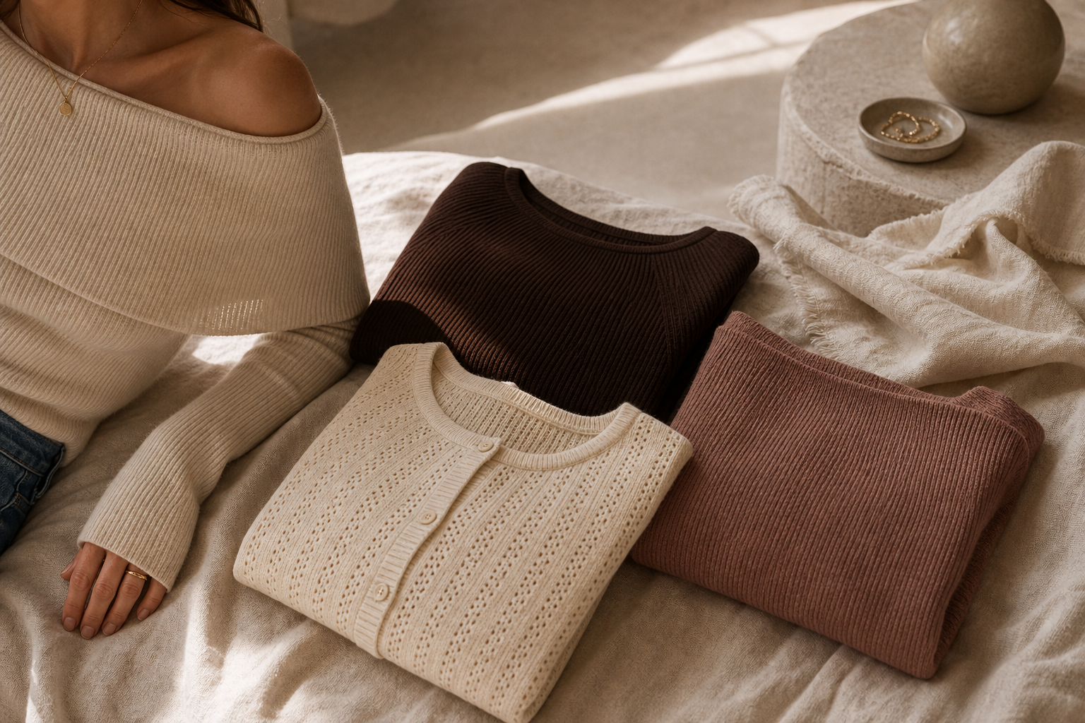 Avrienne Knitwear collection cover with soft ribbed knits, pointelle texture, and warm ivory styling.