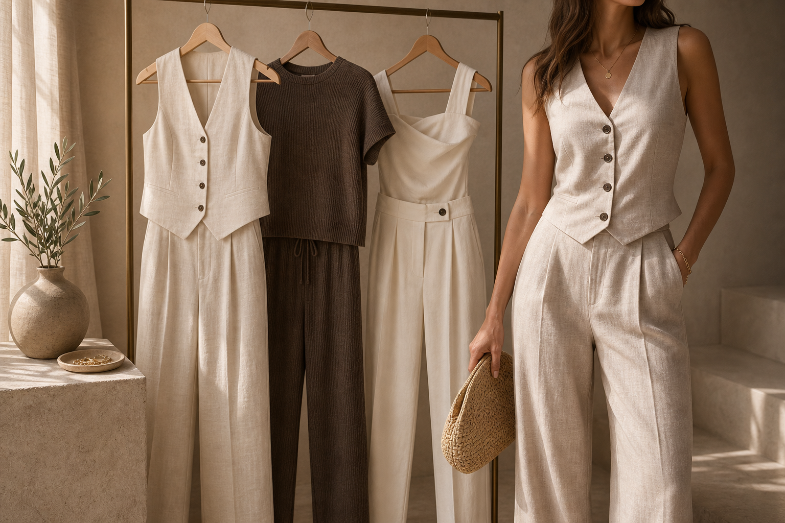 Avrienne Matching Sets collection cover with coordinated linen and knit outfits in warm studio light.