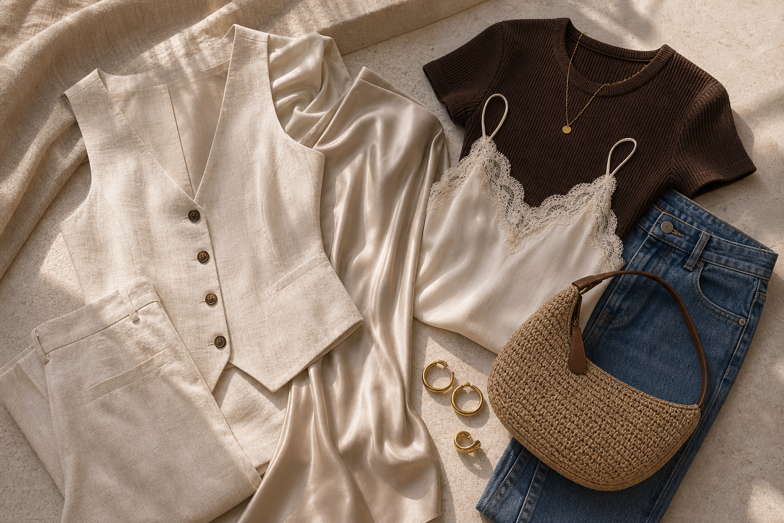 Avrienne New In collection cover with a fresh capsule edit of linen, satin, lace, denim, and accessories.