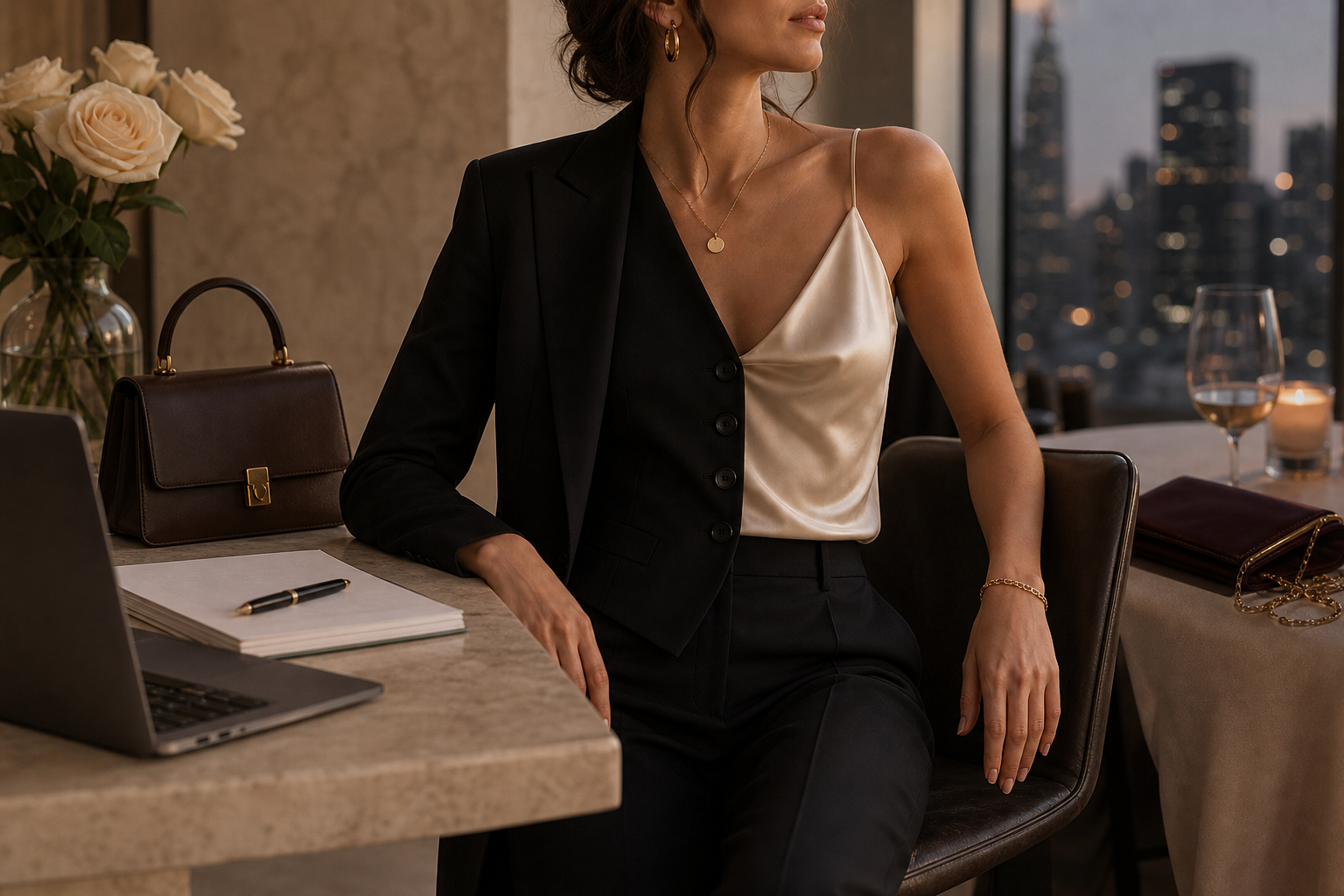 Avrienne Office to Evening collection cover with soft tailoring, satin, structured bag, and warm city light.