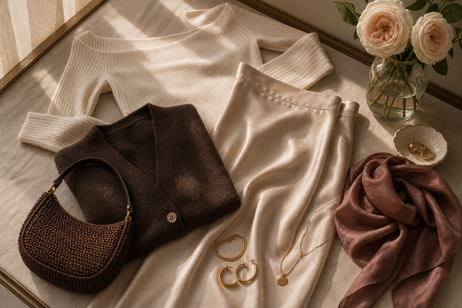 Avrienne Sale collection cover with a quiet elevated wardrobe edit in ivory, champagne, and espresso tones.