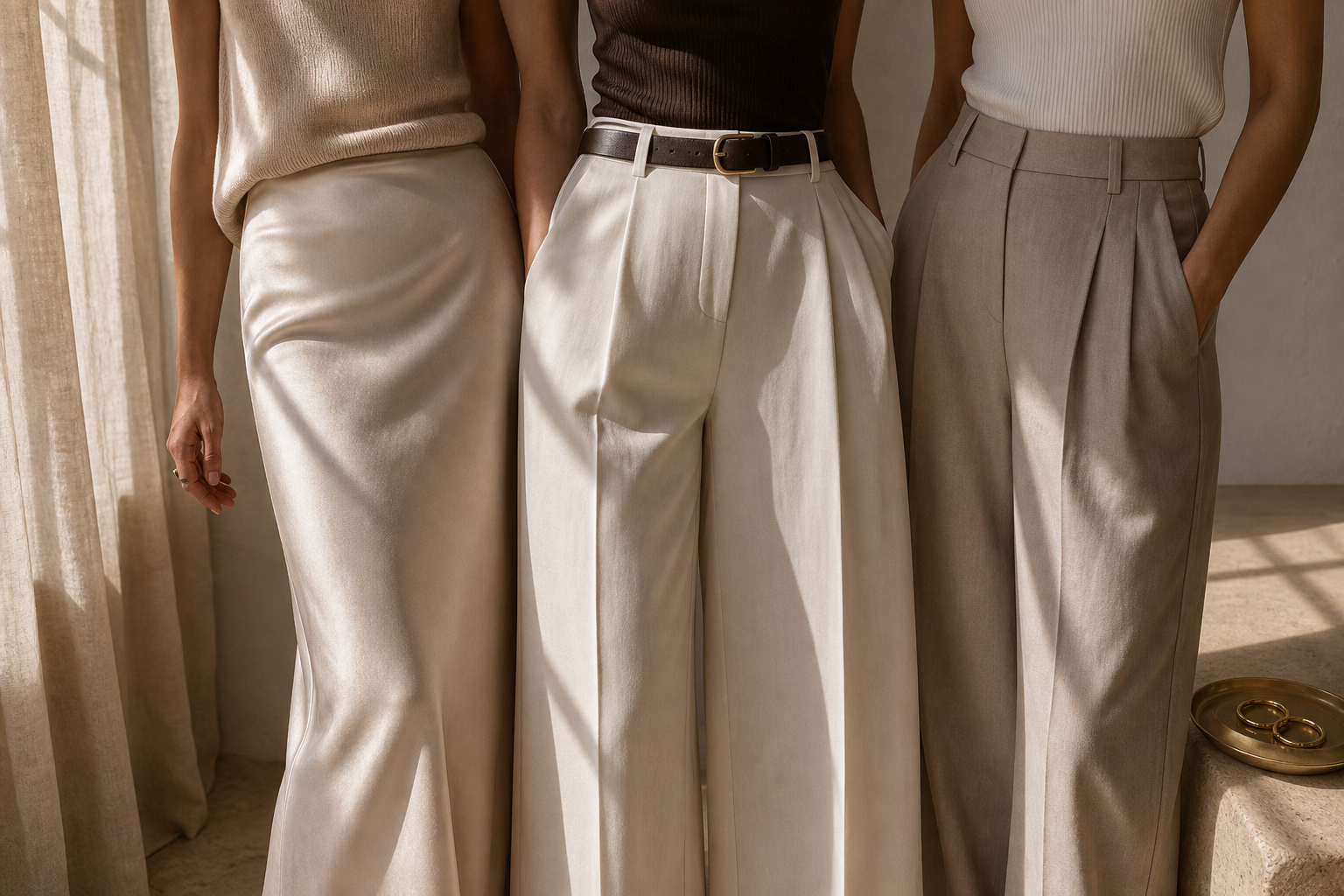 Avrienne Skirts and Trousers collection cover with satin skirt, wide-leg trousers, and soft tailored drape.