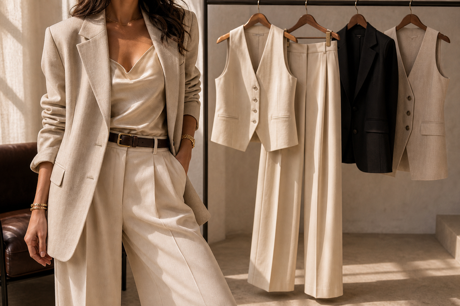 Avrienne Soft Tailoring collection cover with relaxed blazer, waistcoat, wide-leg trousers, and warm ivory styling.