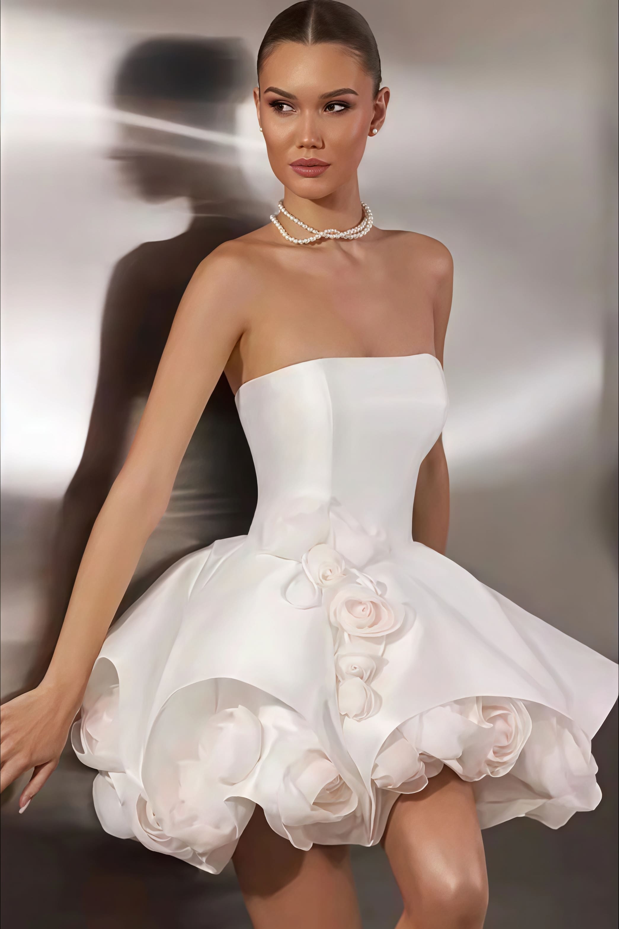 Elegant Satin Bandeau Flower Ball Gown Reception Dress image 2