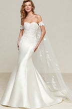 Simple Off Shoulder Satin Mermaid Detachable Train Wedding Dress image 1