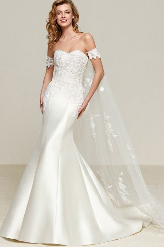 Simple Off Shoulder Satin Mermaid Detachable Train Wedding Dress image 1