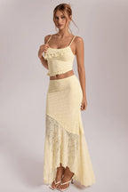 Light Yellow Lace Cami Ruffle Crop Top High Waist Skirt Sets image 1