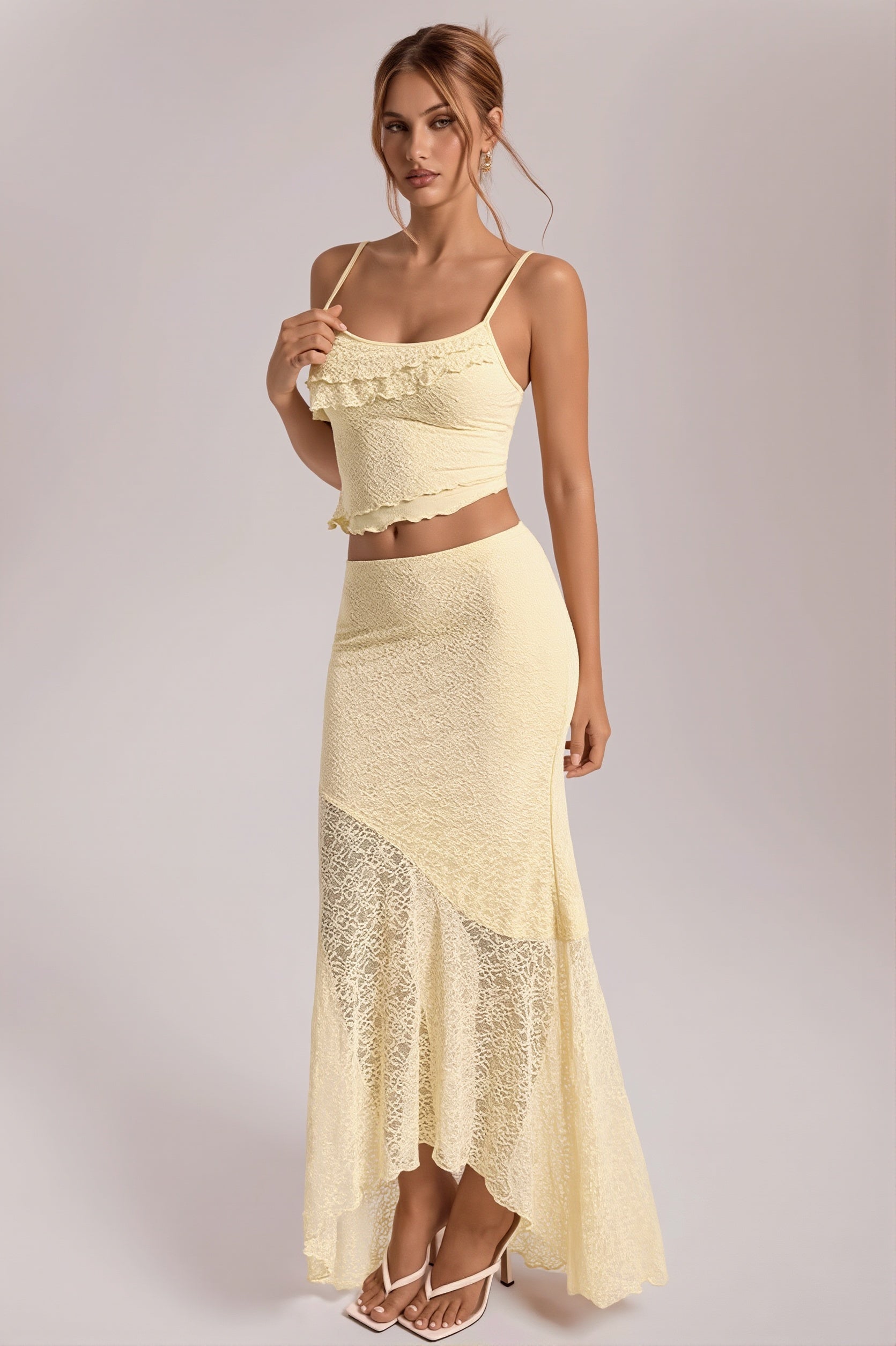Light Yellow Lace Cami Ruffle Crop Top High Waist Skirt Sets image 1