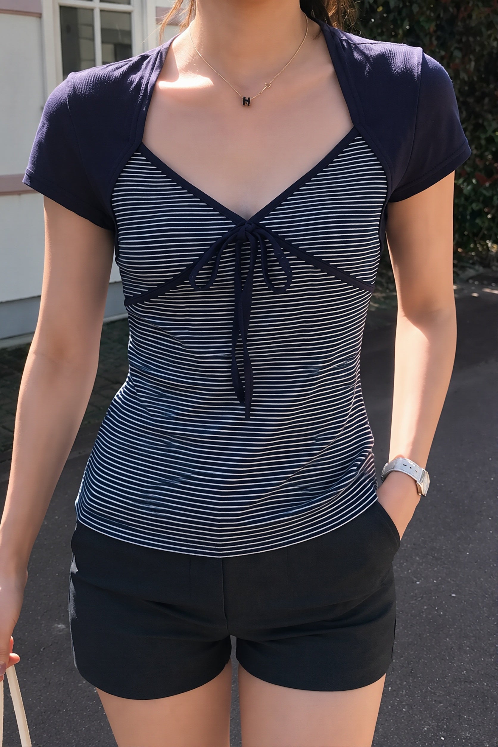 Striped Color Block Tie Fake Two Blouse image 1