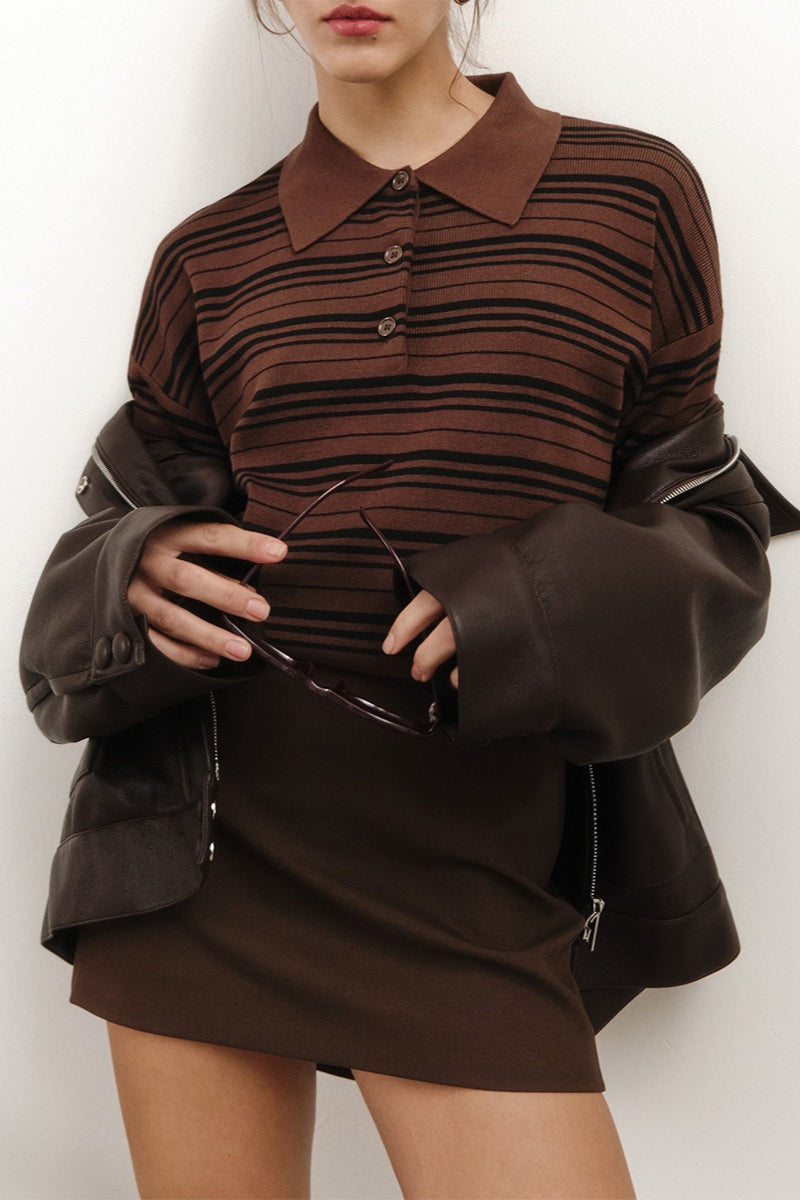 Color-block Stripe Fitted Polo Knit Blouse image 4
