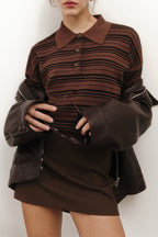 Color-block Stripe Fitted Polo Knit Blouse image 4
