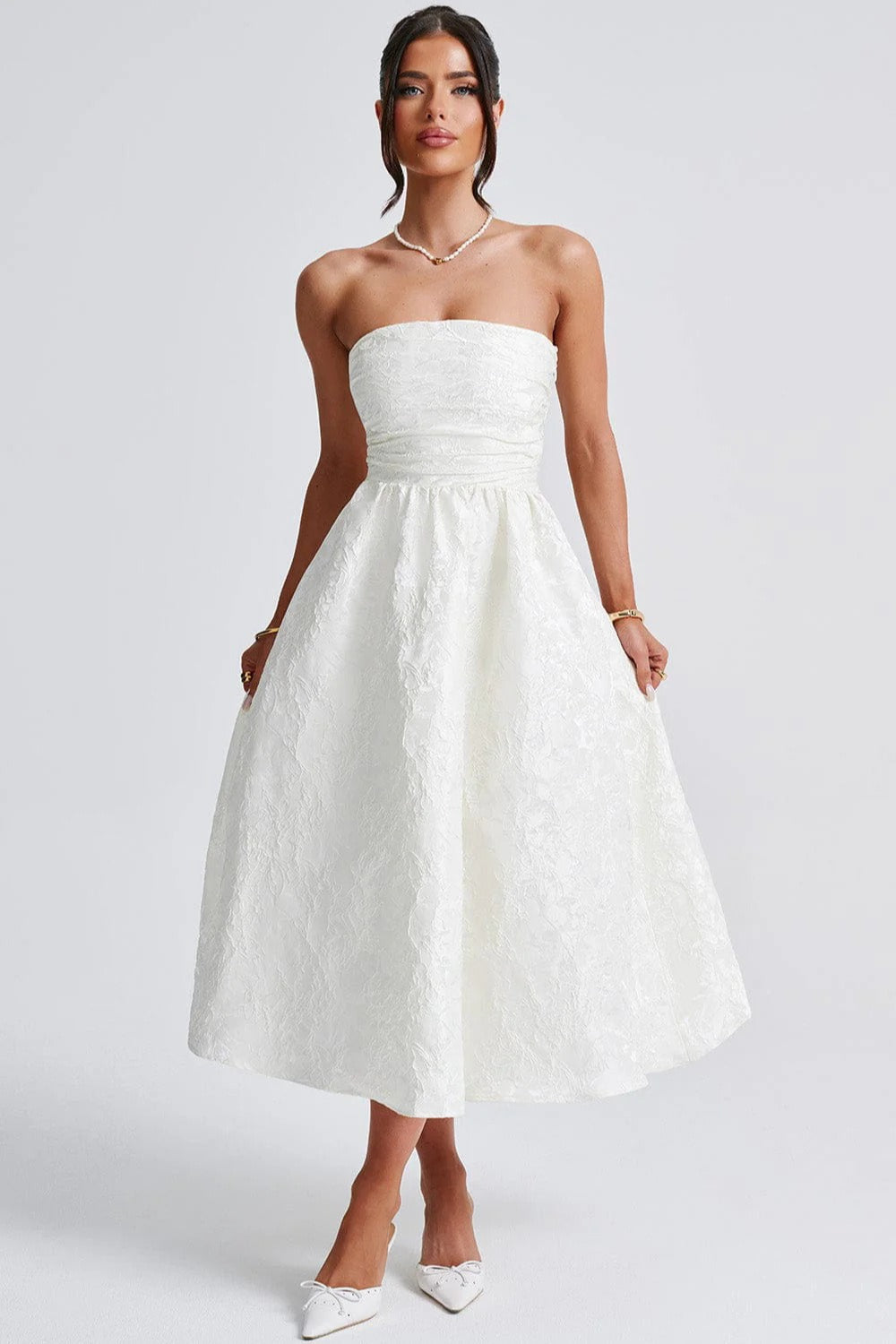 Solid Jacquard Strapless A-Line Party Dress image 8