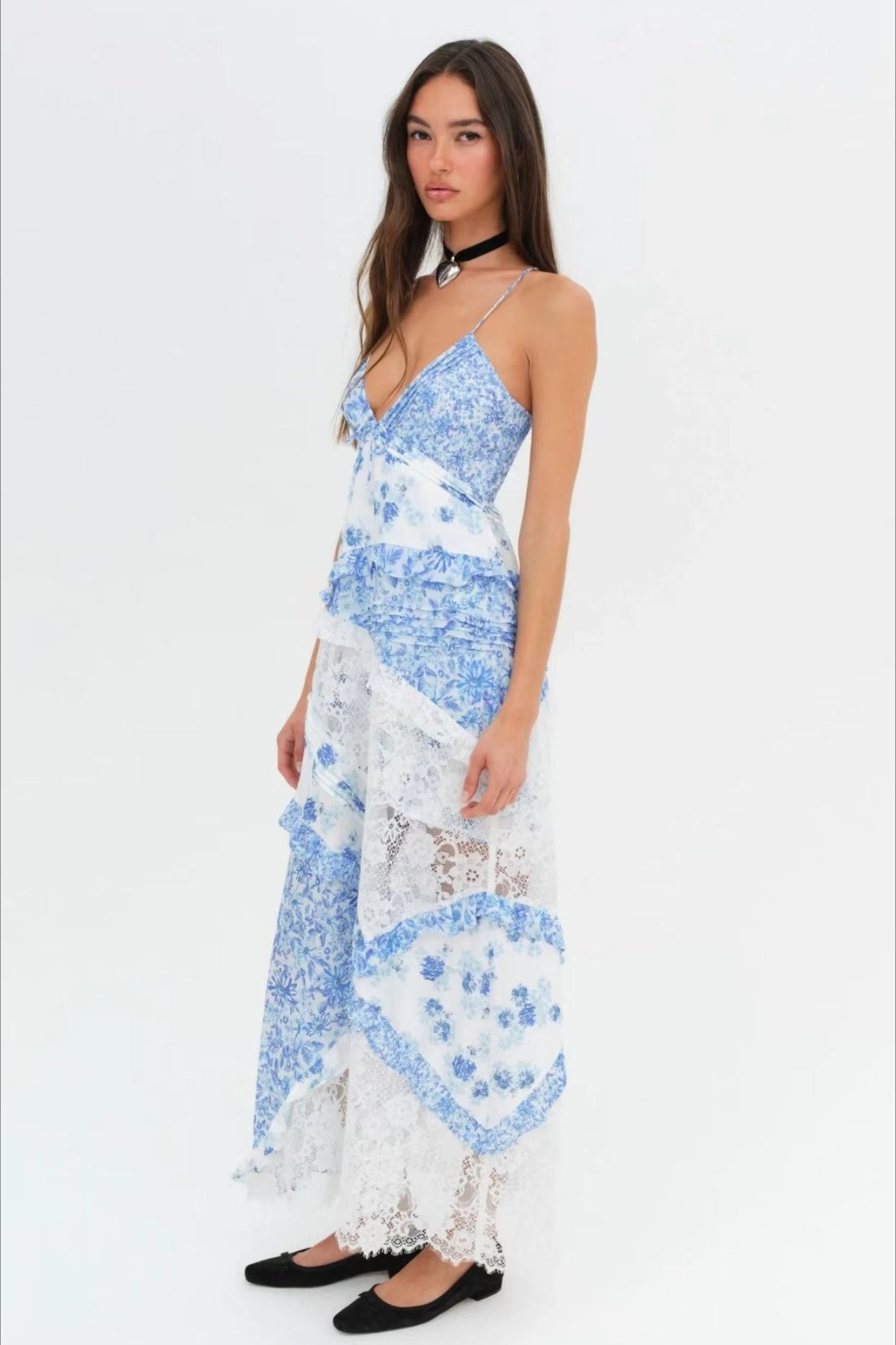 Deep V Ruffle Floral Lace Patchwork Cami Maxi Dress image 7