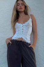 White Satin Lace Trim Button Cami Top image 3