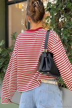 Striped Color Block Crew Neck Loose Long Sleeve Tee image 7