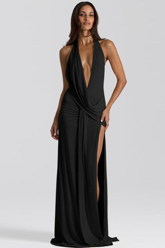 Solid Halter Deep V Backless Slit Floor Maxi Dress image 9