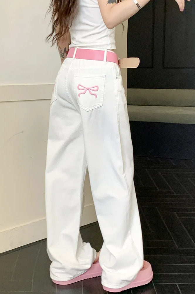 Embroidered Pink Bow Wide Leg Jeans image 10