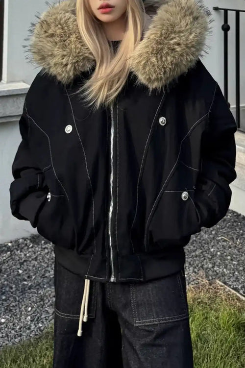 Black Short Puffer Fur Collar Jacket image 1