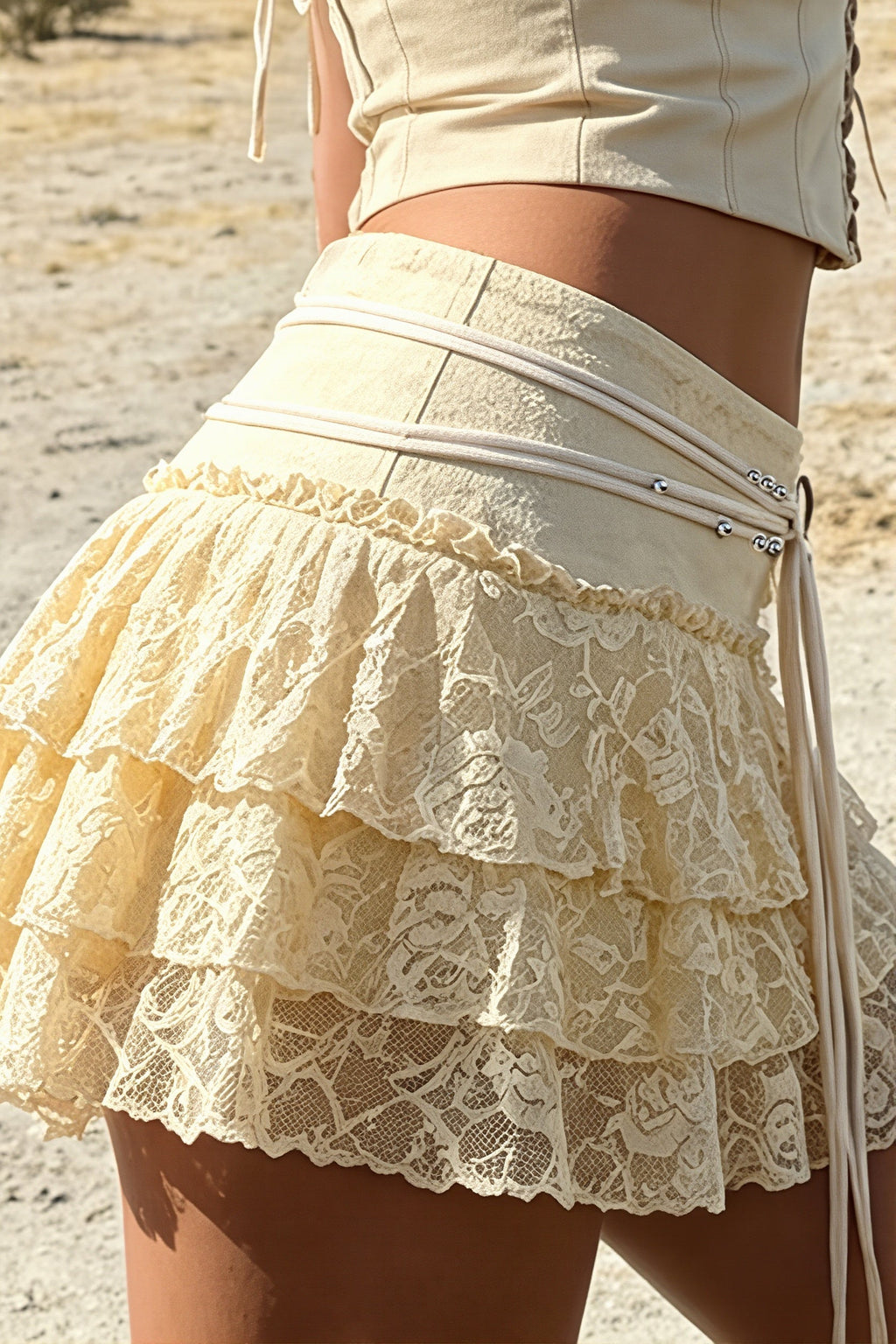 Chic Lace Drawstring Ruffle Tiered Mini Skirt image 3