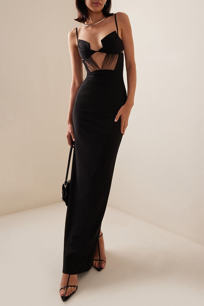 Black Sleeveless Mesh Panel Bodycon Maxi Dress image 4