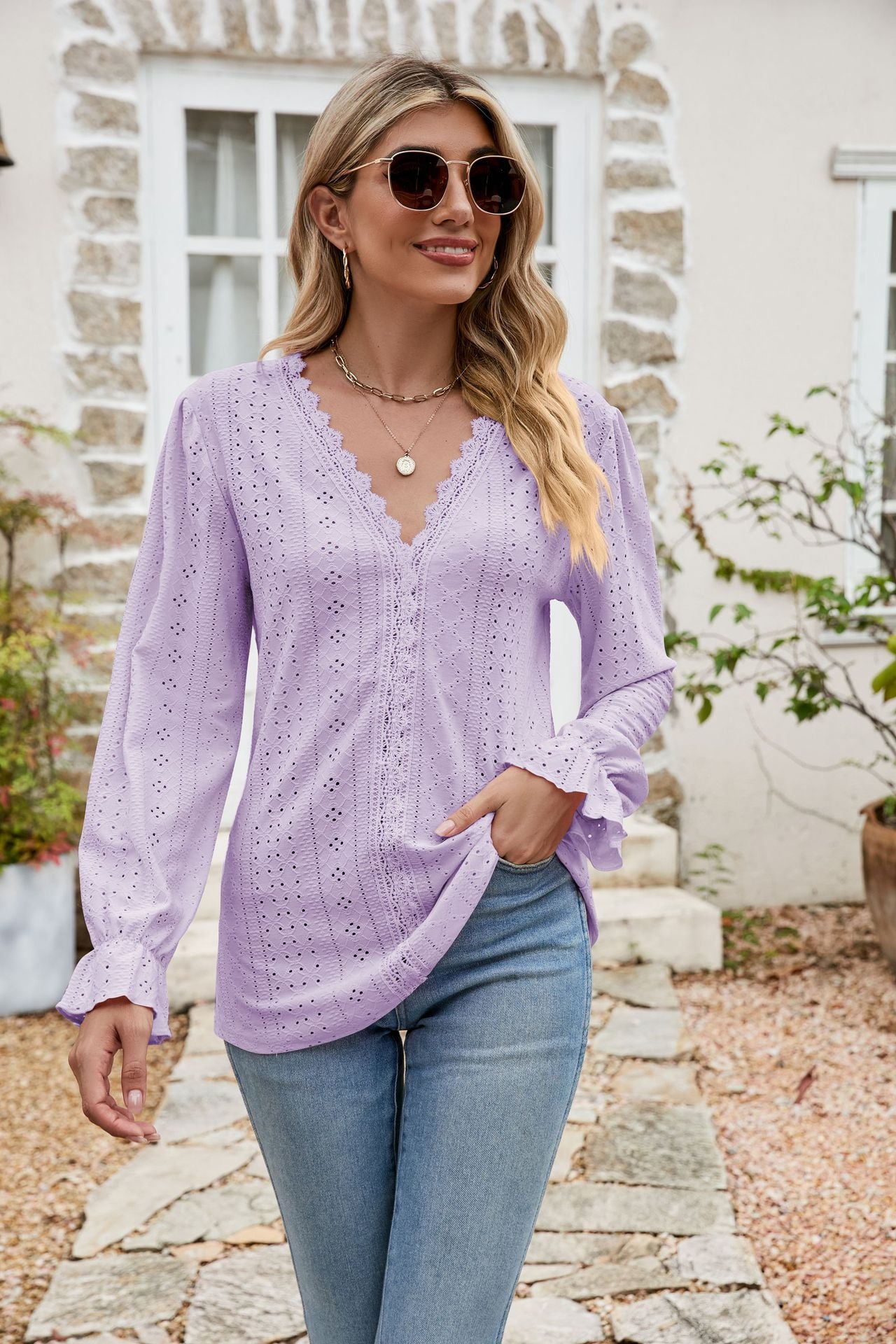 Lisette Eyelet Blouse detail view styled for Avrienne