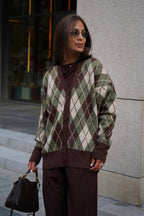 Thick Plaid V Neck Loose Long Sleeve Knit Cardigan image 1