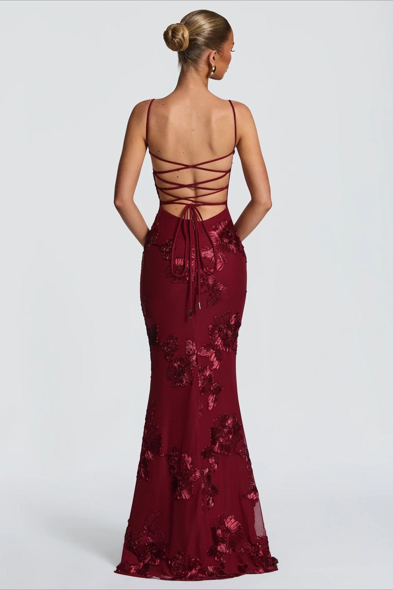 3D Applique Bone Pad Tie Back Solid Prom Dress image 16