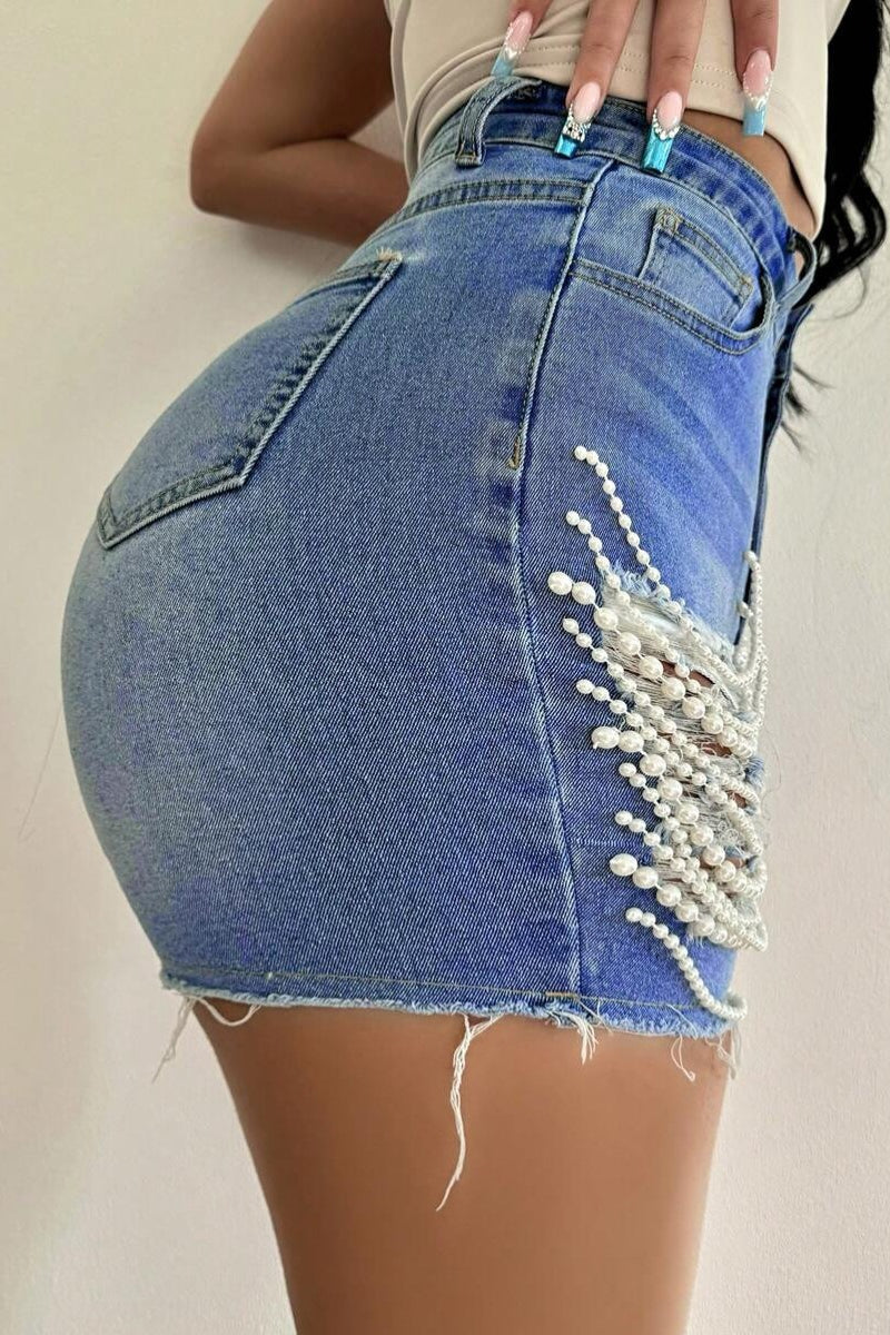 Beaded Chain Ripped High Waist Denim Shorts image 4