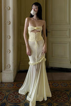 Solid Floral Patchwork Boned Tie Ruched Elegant Maxi Dress image 1