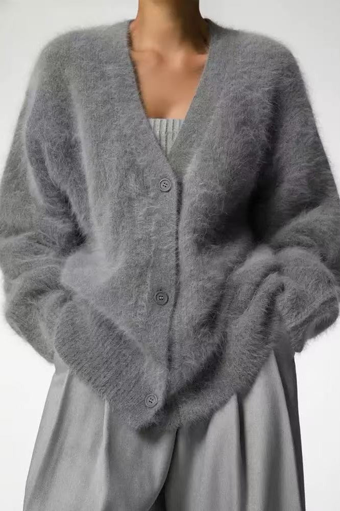V-Neck Fluffy Knit Cardigan Sweater image 37
