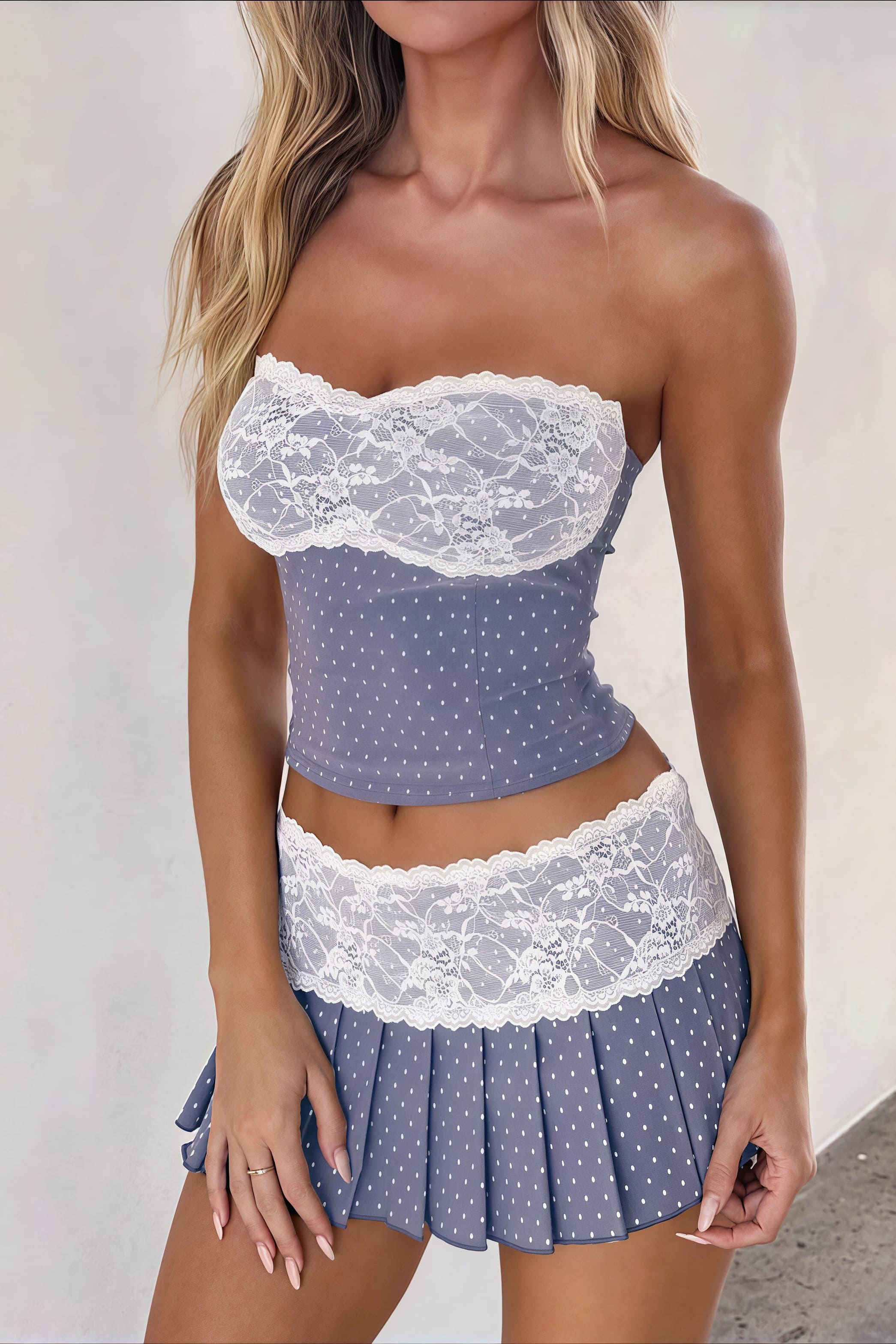 Lace Polka Dot Print Crop Tank Mini Skirt Set image 1
