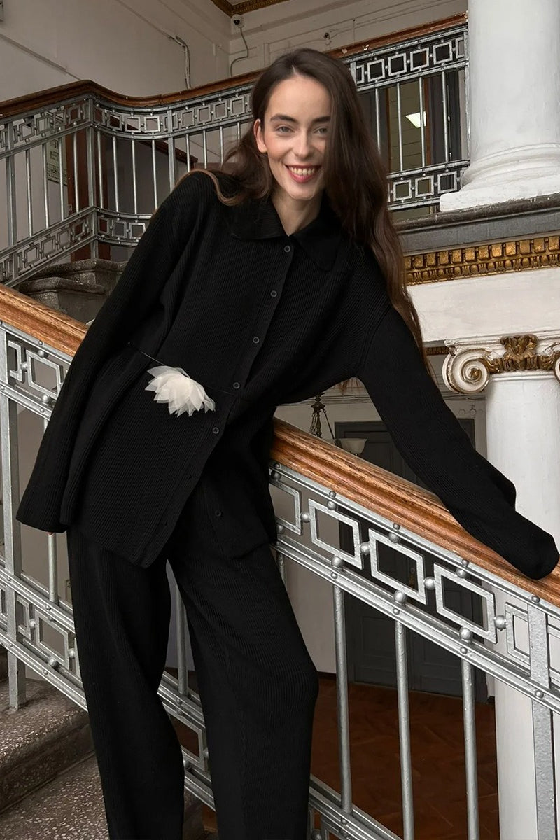 Knit Ribbed Collar Long Sleeve Loose Two Piece Set image 10