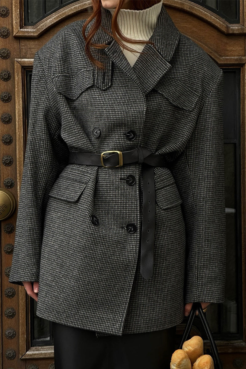 Houndstooth Wool Double Breasted Mid Length Trench Coat image 3