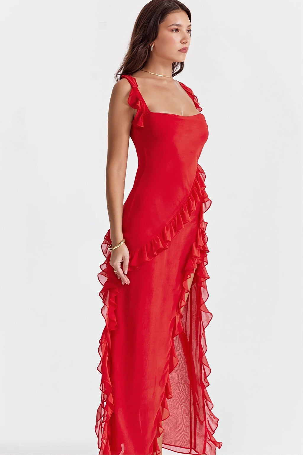 Ribbon Ruffle Splice Slit Maxi Dress image 11