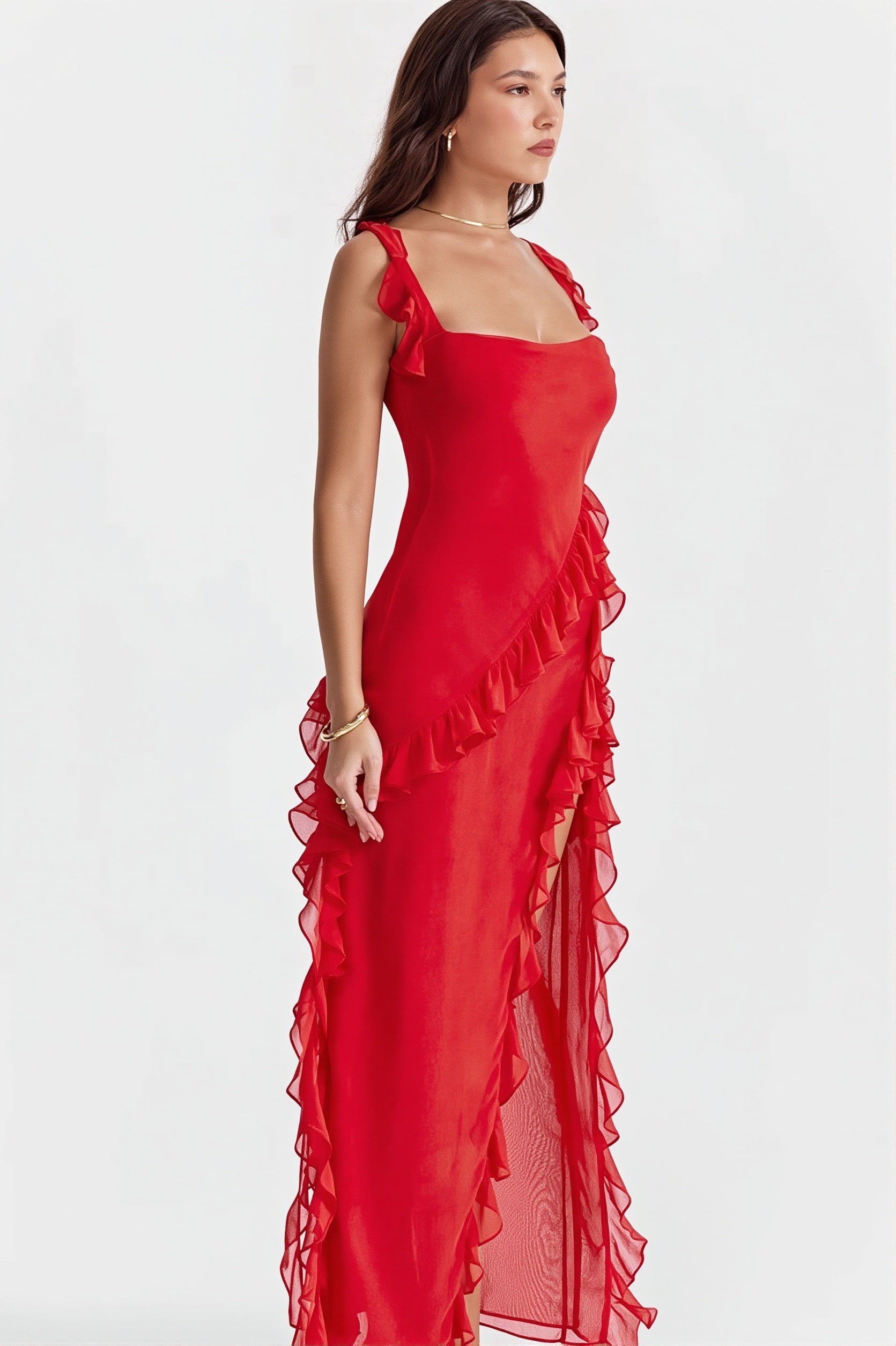 Ribbon Ruffle Splice Slit Maxi Dress image 11