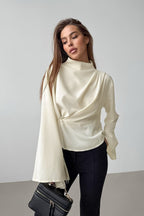 Chiffon Bell Sleeve Apricot Stand Collar Blouse image 1