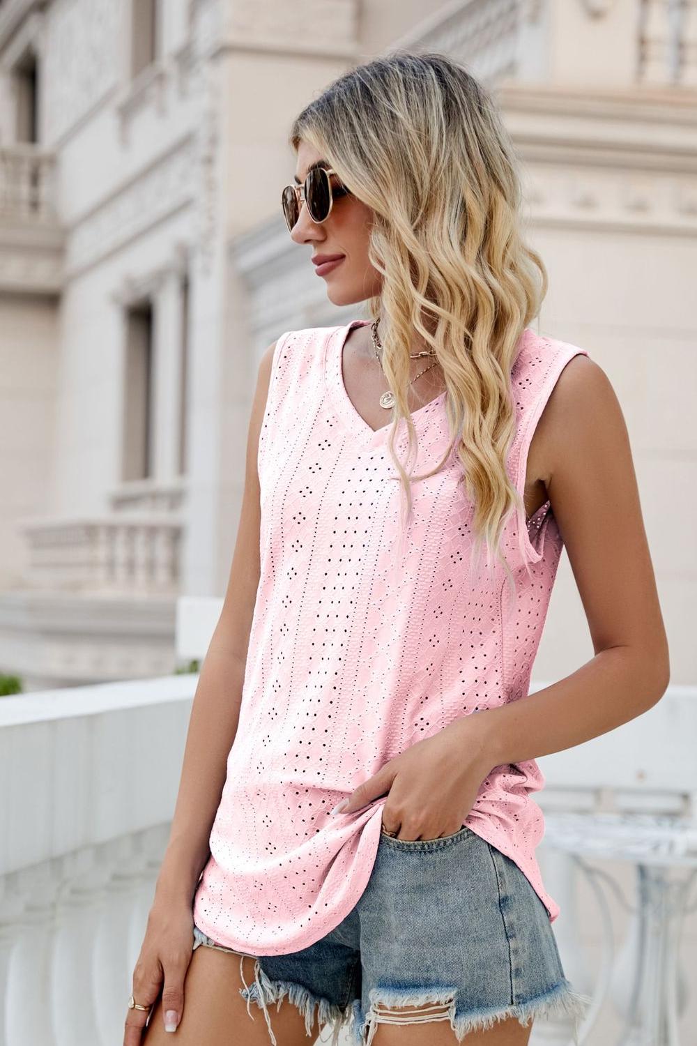 Gia Eyelet Tank detail view styled for Avrienne