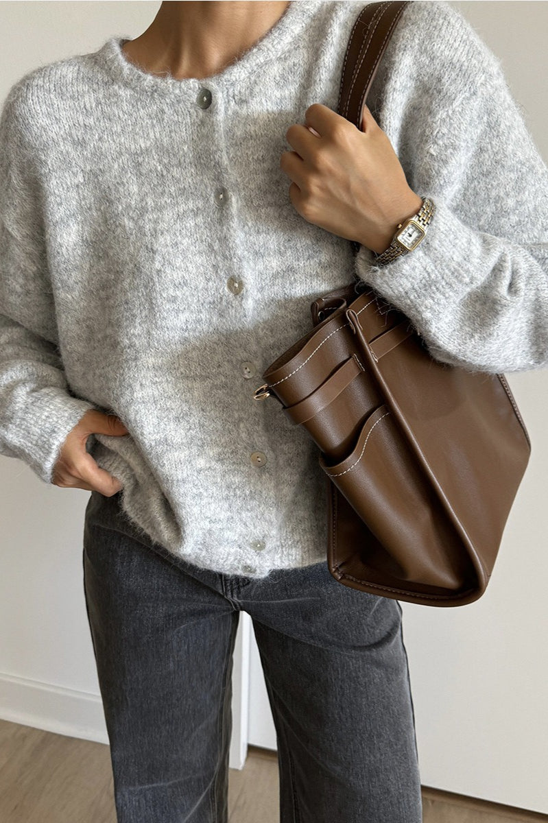 Soft Gray Vintage Shell-Button Knit Cardigan image 2