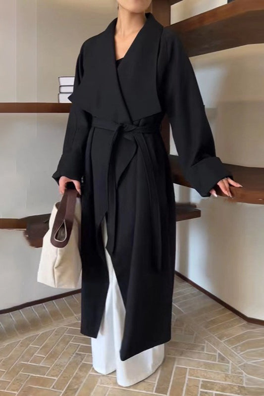 Korean Hepburn Lazy-Chic Belted Waist-Tie Long Overcoat image 3