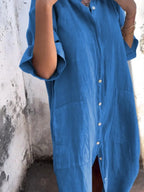 Marseille Linen Shirt Dress detail view styled for Avrienne