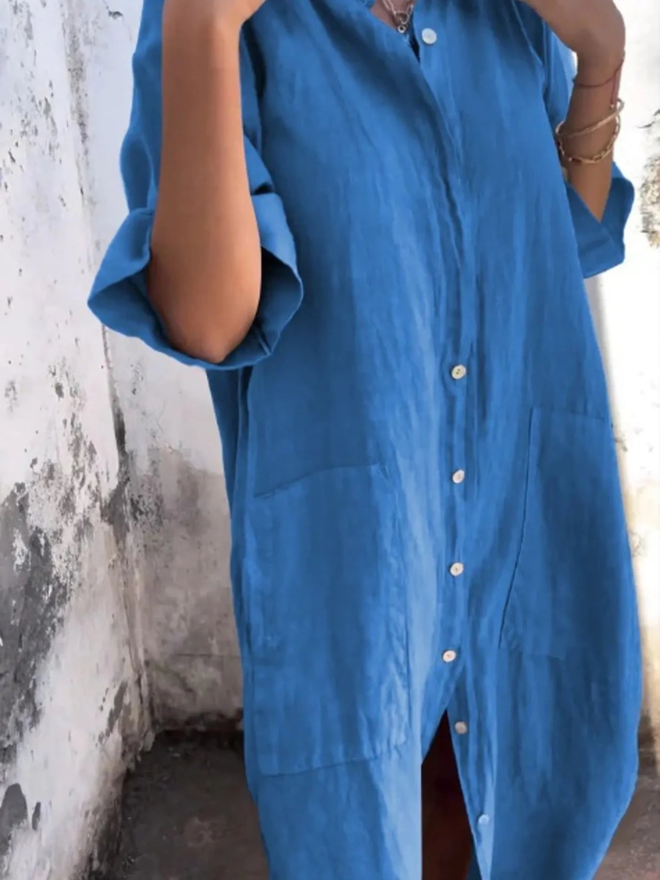 Marseille Linen Shirt Dress detail view styled for Avrienne