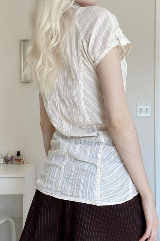 Polo Collar Ruched Slim Texture White Blouse image 2