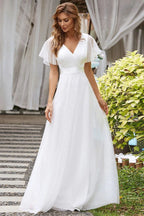 V Neck Mesh Elegant Ruffle Long Reception Dress image 4