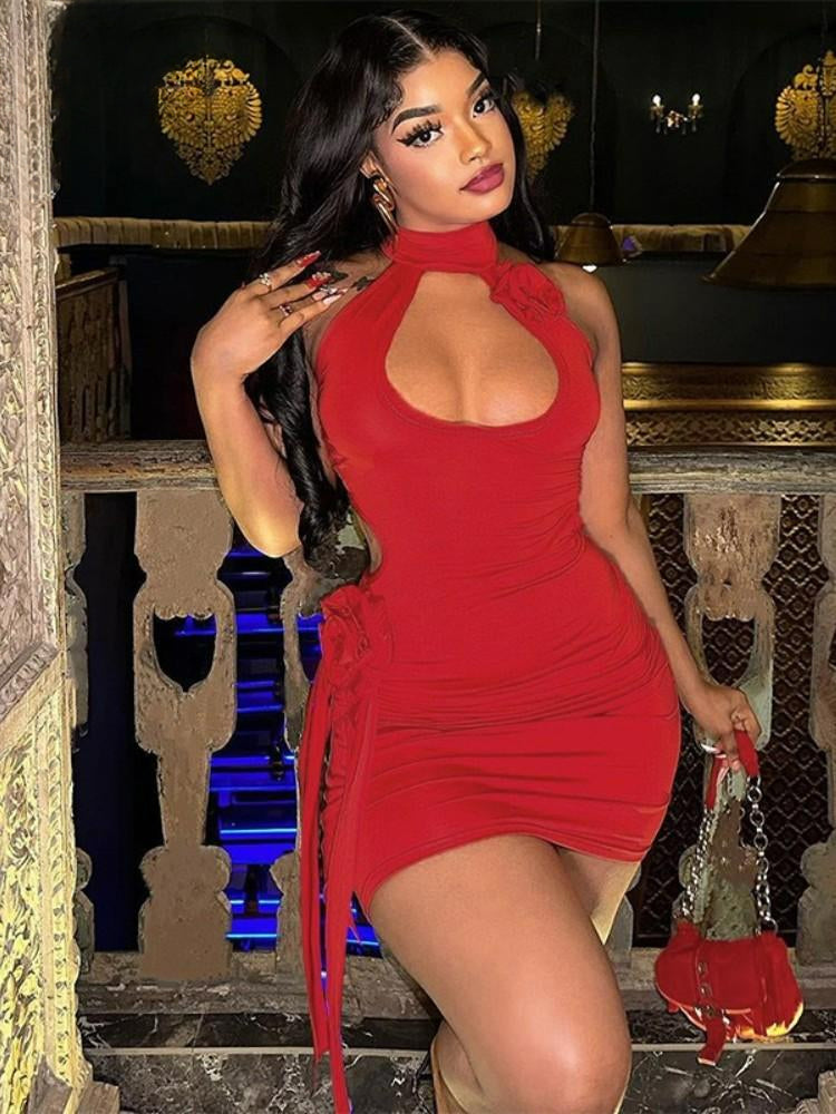 3D Flower Decoration Red Vacation Dresses Sexy Hollow Backless Bodycon Party Dress image 3