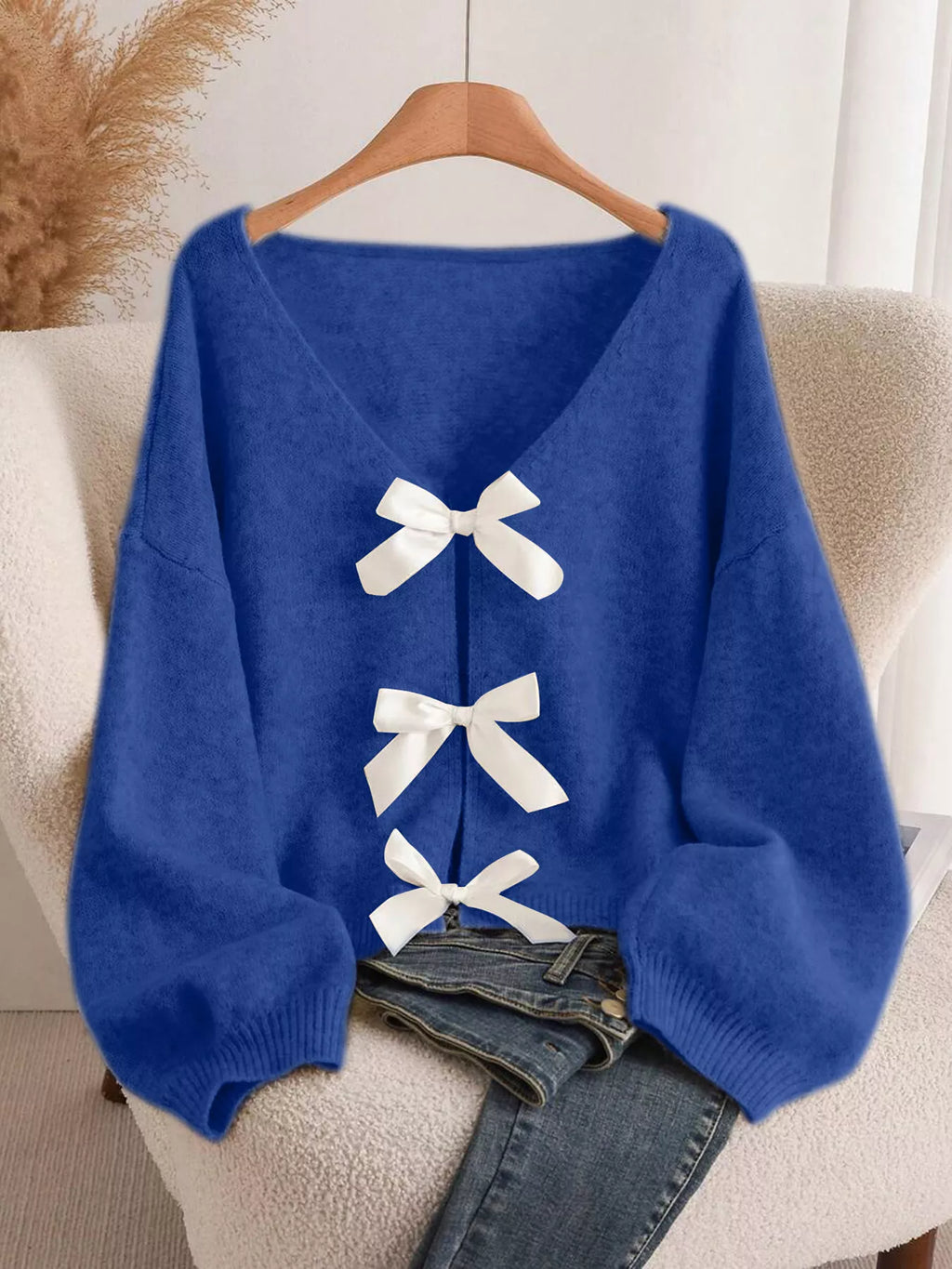 Dahlia Bow Knit Cardigan detail view styled for Avrienne